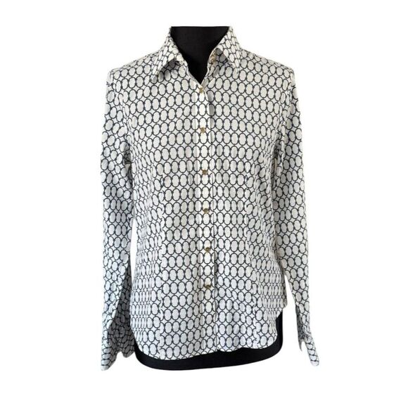 Talbots White Blue Chain Print Wrinkle Resistant LS Button Front Shirt Size 12 - Picture 1 of 15